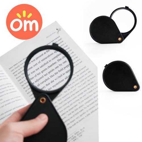 Compact folding pocket magnifier magnifying small book text with protective case