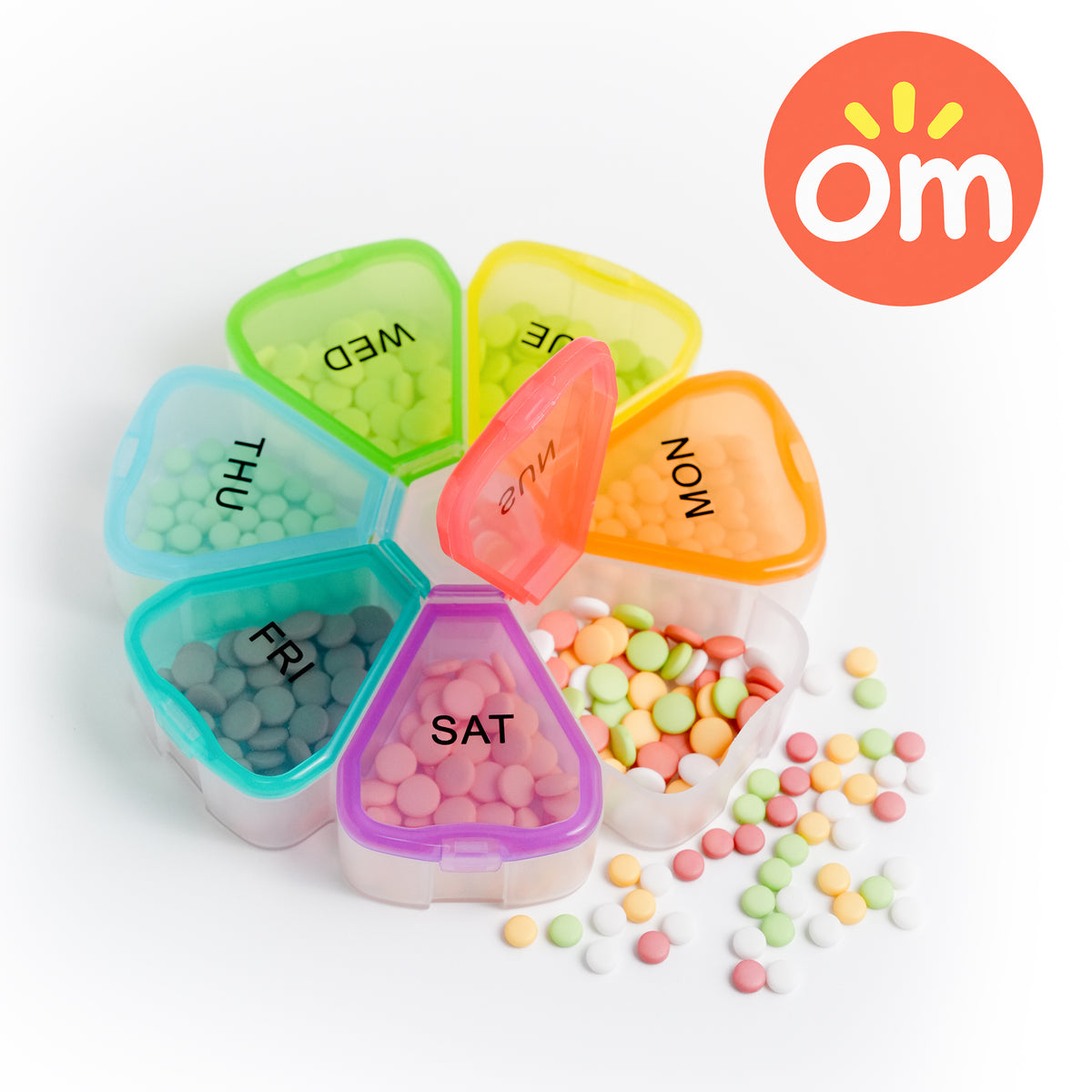 Colorful 7-day portable travel pill organizer with daily weekday compartments
