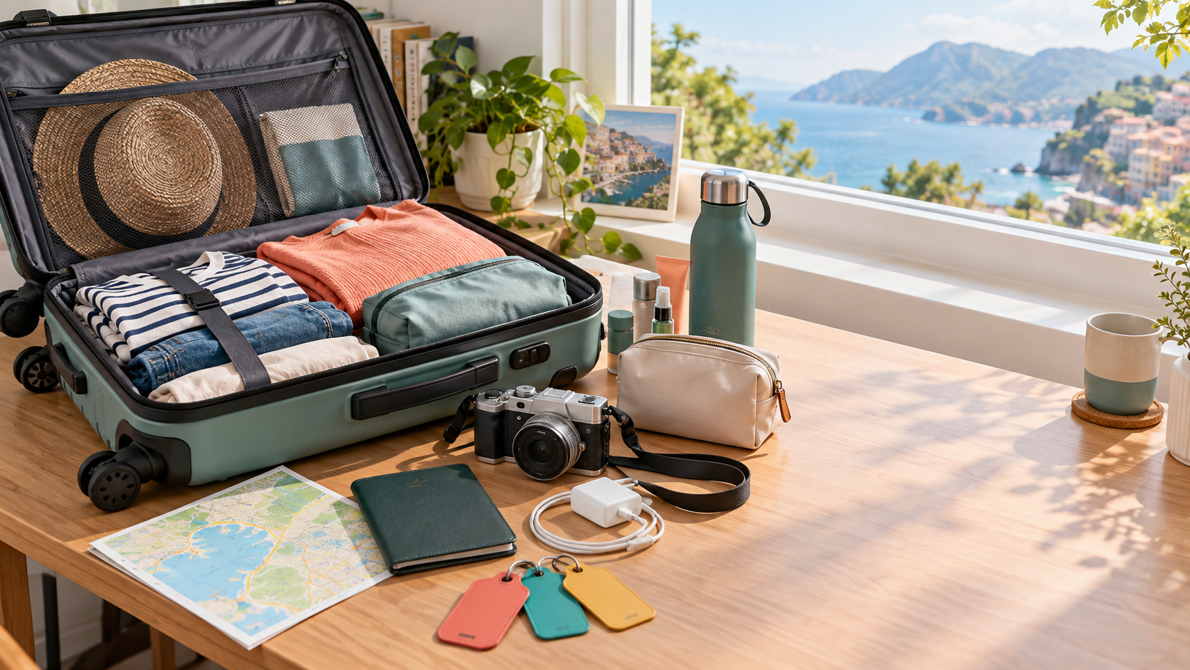 An open suitcase with travel essentials arranged on a bright table